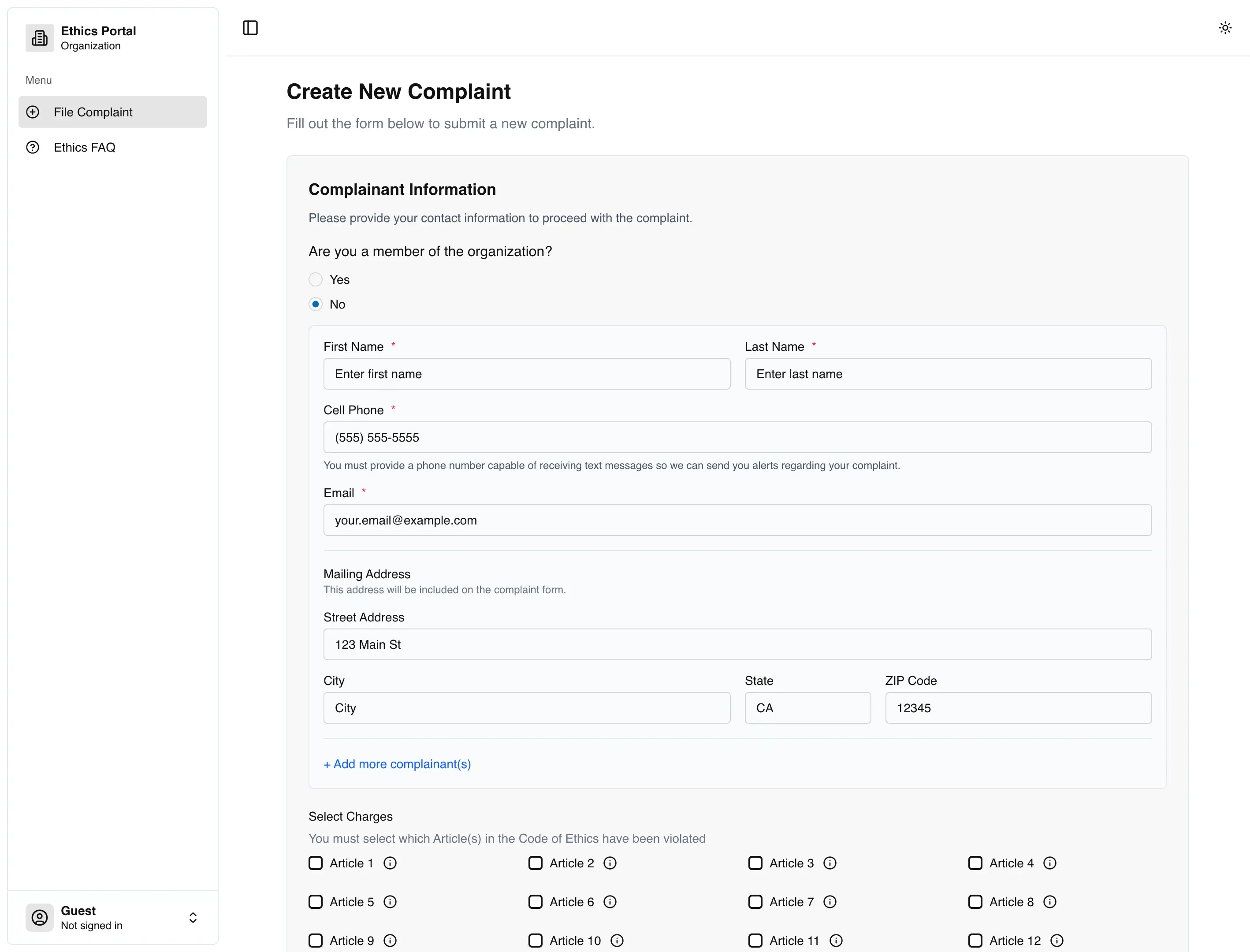 Ethication New Complaint screenshot